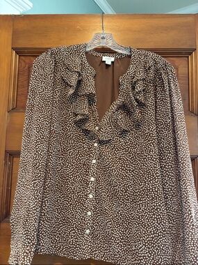 J. Crew Brown and White Dot Ruffle Front Blouse